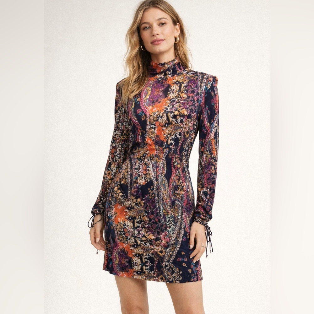 Free People - All Dolled Up Mini Dress Paisley Mock Neck Cutout Back-Size Large